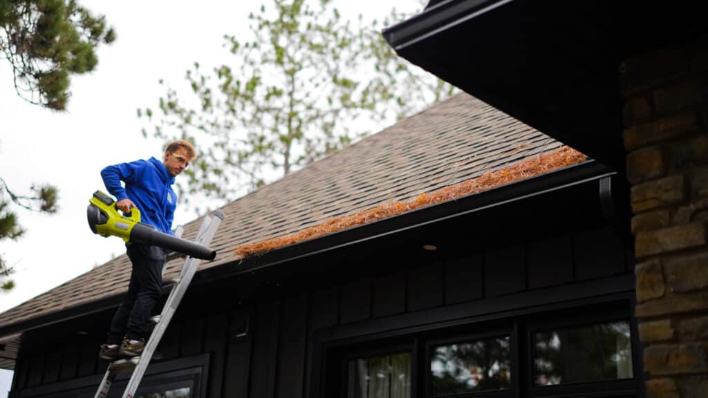 Professional gutter cleaning technician removing heavy pine needle buildup from eavestroughs on a rural home in Chisholm.
