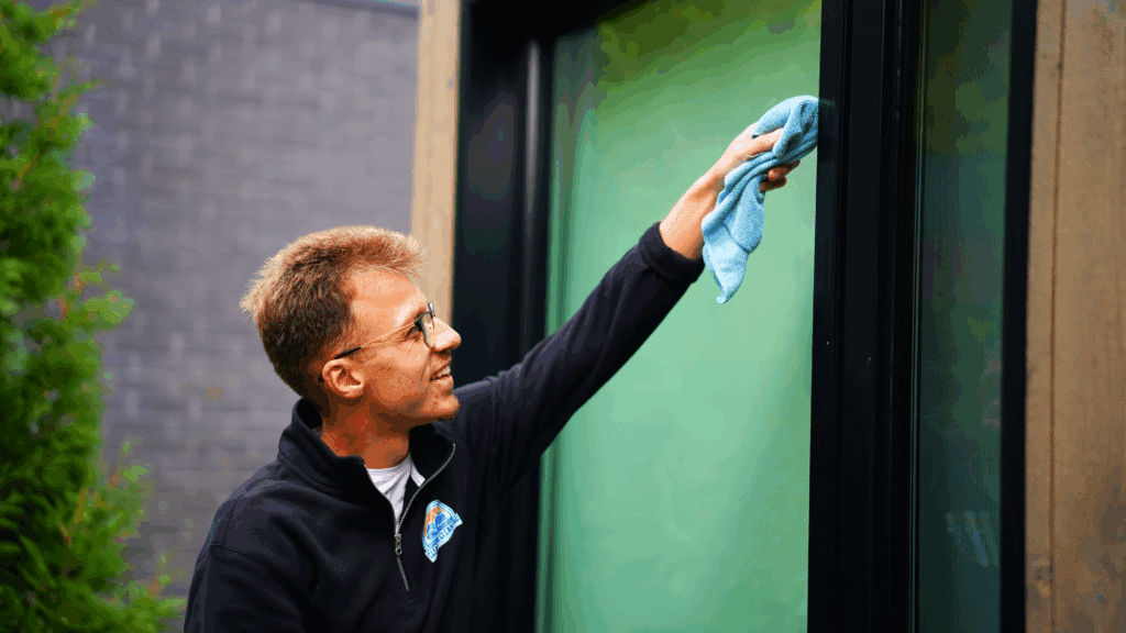 A Clear View Cleaning professional performing a thorough final rinse of a home's exterior surfaces followed by a detailed quality inspection to ensure a perfect finish.