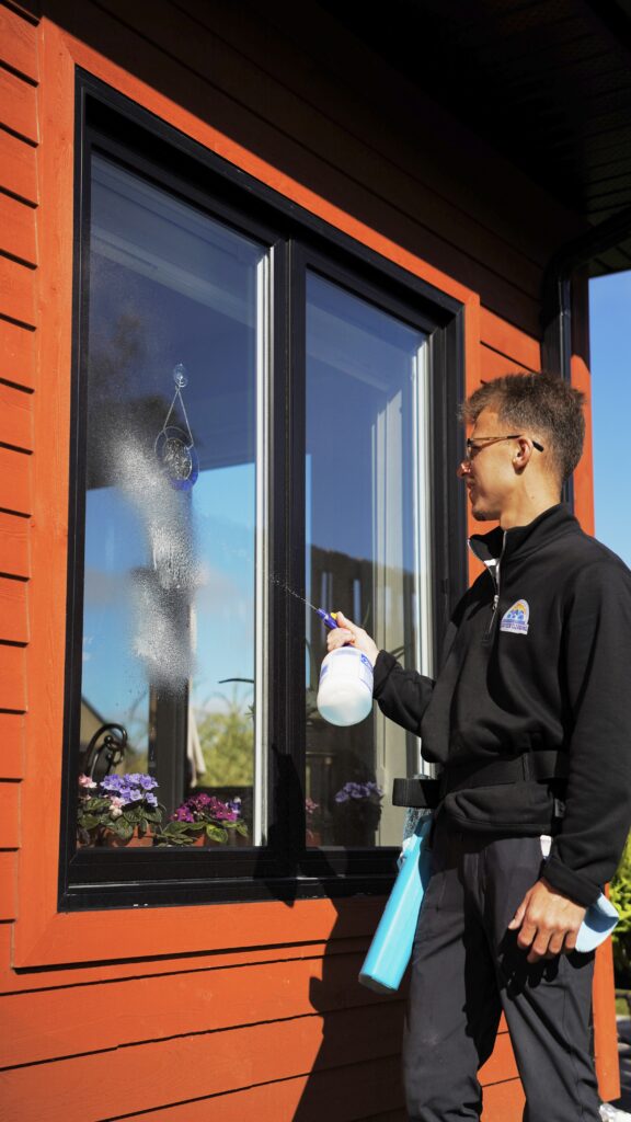 A specialized technician using a water-fed pole with a soft bristle brush to wash second-story residential windows, utilizing pure water technology for a spot-free finish.